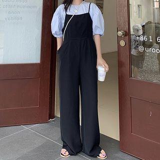 Puff Short-sleeve Top / Suspender Wide Leg Pants