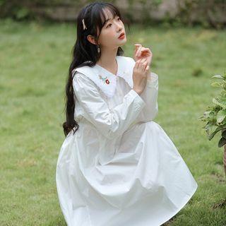 Long-sleeve Embroidered Collar Frill Trim Midi A-line Dress / Lace Trim Vest