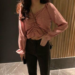 Ruched Plaid Cropped Blouse