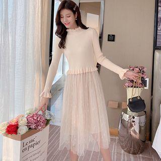 Ruffled Mesh Panel Midi A-line Knit Dress