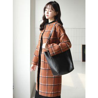 Plaid Open-front Wool Blend Coat