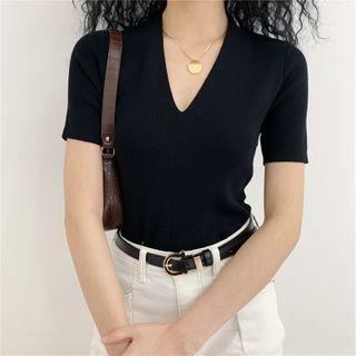V Neckline Plain Short-sleeve Top