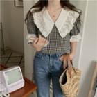 Short-sleeve Lace Collared Plaid Blouse