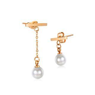 Simple And Fashion Plated Rose Gold 316l Stainless Steel Geometric Tassel Pearl Earrings Rose Gold - One Size