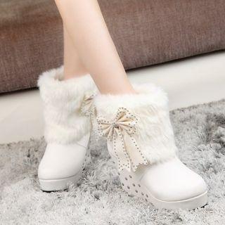 Platform Wedge Furry Trim Studded Ankle Boots