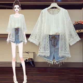 Set: Ribbed Tank Top + Embroidered Tasseled Jacket + Washed Denim Shorts