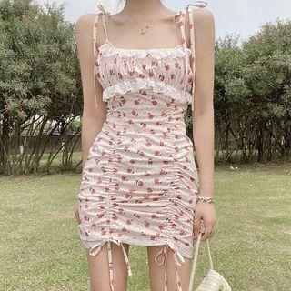 Spaghetti Strap Flower Print Drawstring Mini Sheath Dress