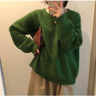 Long-sleeve Plain Knit Top Green - One Size