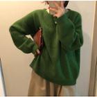 Long-sleeve Plain Knit Top Green - One Size