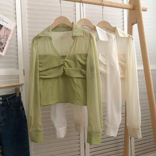Collar Mesh Panel Blouse
