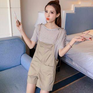 Set: Striped Short Sleeve T-shirt + Plain Pinafore Playsuit