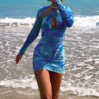 Printed Long-sleeve Halter-neck Cut-out Sheath Mini Dress