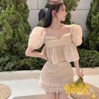 Short-sleeve Floral Blouse / Mini Skirt