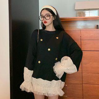 Bell-sleeve Mesh Panel Pullover Black - One Size