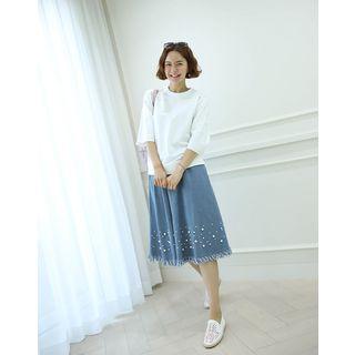 Faux-pearl Beaded Midi Denim Skirt