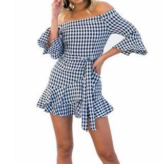 Plaid Cold Shoulder Elbow-sleeve A-line Dress