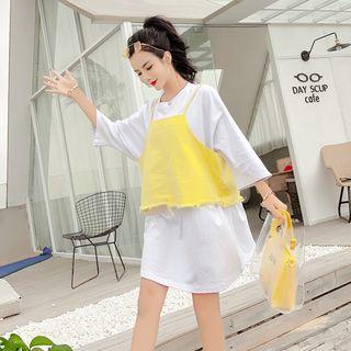 Set: Spaghetti Strap Top + 3/4-sleeve Long T-shirt