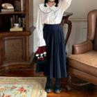 Contrast Trim Ruffle Long-sleeve Blouse / Midi A-line Skirt
