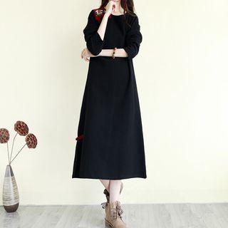 Long-sleeve Elephant Embroidered Midi A-line Dress