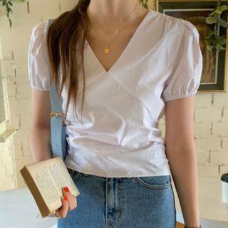 Puff-sleeve V-neck Shirred Cropped Blouse