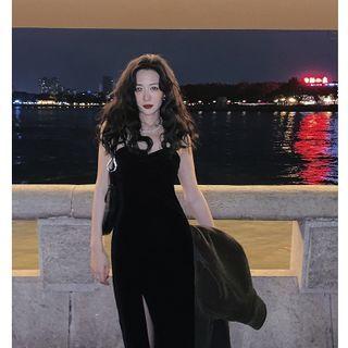 Velvet Asymmetrical Split Spaghetti-strap Dress