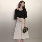 Set: Short Sleeve Off-shoulder Top + Buttoned A-line Skirt