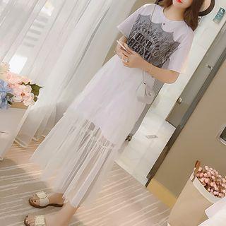 Set: Lace Panel Lettering Short-sleeve T-shirt Dress + Mesh Maxi Skirt