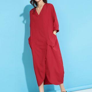Plain 3/4 Sleeve Midi Chiffon Dress