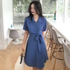 Short-sleeve Sashed A-line Midi Dress