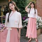 Set: Embroidered Elbow-sleeve Qipao Top + A-line Maxi Skirt