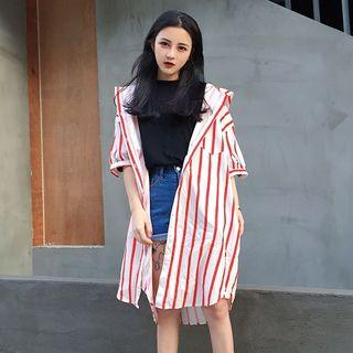 Pinstripe Short-sleeve Hooded Jacket