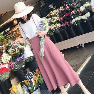 Set: Short-sleeve Top + Spaghetti Strap A-line Midi Skirt
