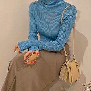Turtle-neck Slit-side Rib-knit Top