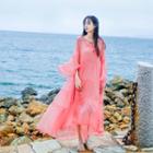 Set: Long-sleeve Tiered Maxi Dress + Slipdress Maxi Dress - Pink - One Size / Slipdress - Pink - One Size