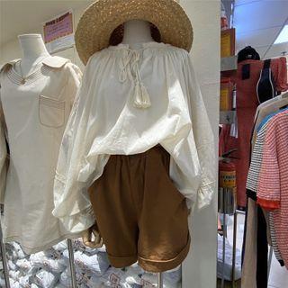Embroidered Trim Tasseled Blouse Almond - One Size