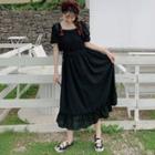 Puff-sleeve Square-neck Cherry A-line Dress