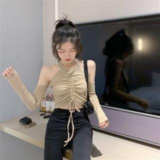 Long-sleeve Drawstring Cold Shoulder T-shirt