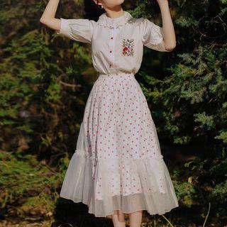 Set: Elbow-sleeve Shirt + Mesh Overlay Polka Dot A-line Midi Skirt