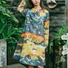 Frog-buttoned Long-sleeve Printed A-line Dress