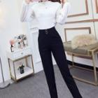 Set: Lantern-sleeve Mock Neck Top + High Waist Slim-fit Pants