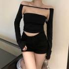 Long-sleeve Open Front Top Black - One Size