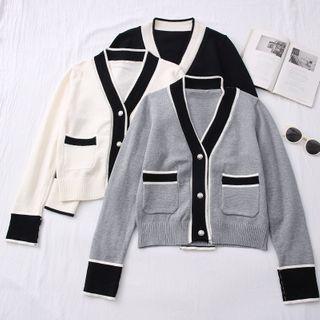 Pearl-button Colorblock Knit Cardigan