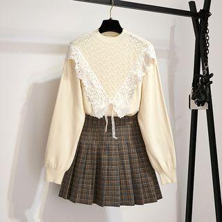 Set: Lace Trim Sweater + Pleated Skirt