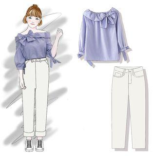 Bow Off-shoulder Blouse / Straight Cut Jeans