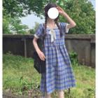 Short-sleeve Sailor Collar Plaid Midi A-line Dress As Shown In Figure - One Size