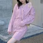 Set: Spaghetti Strap Knit Mini Bodycon Dress + Cardigan Set - Pink - One Size