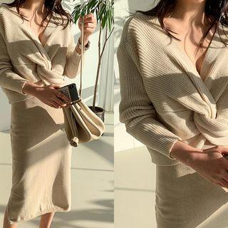 Knot-front Asymmetric Knit Top Sky Blue - One Size