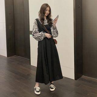 Long-sleeve Zebra Print Top / Midi A-line Overall Dress