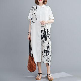 Printed Elbow-sleeve Midi Shirtdress White - One Size