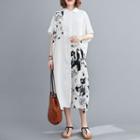 Printed Elbow-sleeve Midi Shirtdress White - One Size